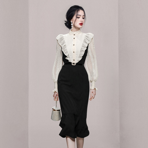 RM4559#新款气质撞色修身收腰显瘦鱼尾连衣裙黑色长裙裙子女