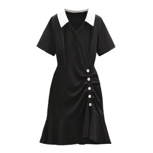 RM2417#大码女装2023夏季新款时尚气质polo领鱼尾裙胖妹妹显瘦小黑裙