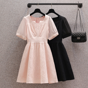 RM2423#夏季新款大码女装气质方领提花中裙胖妹妹时尚显瘦连衣裙