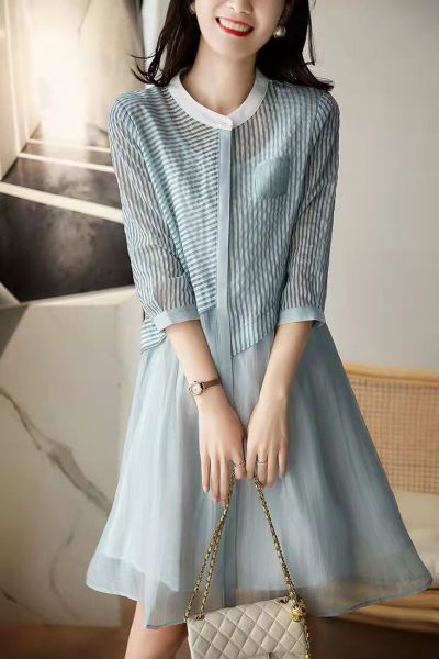 RM3234#拼接条纹七分袖衬衫连衣裙女装 夏季新款时尚休闲气质裙子
