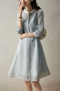 RM3234#拼接条纹七分袖衬衫连衣裙女装 夏季新款时尚休闲气质裙子