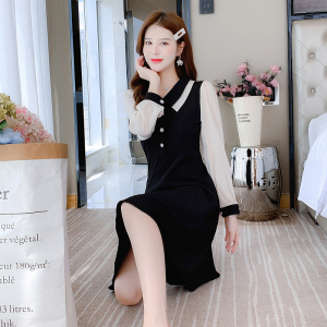 RM2620#新款韩版收腰显瘦法式娃娃领气质拼接连衣裙女