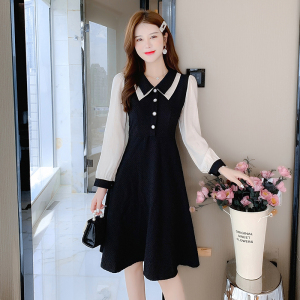 RM2620#新款韩版收腰显瘦法式娃娃领气质拼接连衣裙女