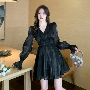 RM2871#新款时尚洋气连衣裙温柔气质显瘦黑色鎏光纱大摆裙