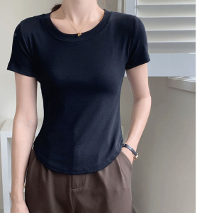 RM2276#莫代尔螺纹 弧形下摆t恤女短袖修身不规则半袖上衣短