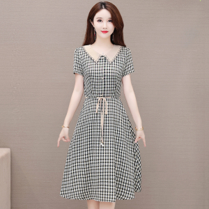 RM3892#格子棉麻连衣裙2023新款修身显瘦气质法式流行淑女裙