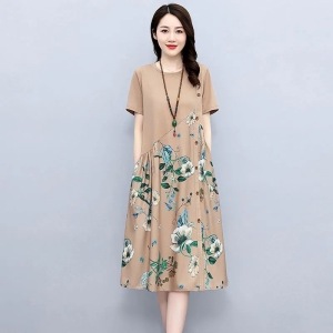 RY106#棉麻大码短袖连衣裙2023夏季新款宽松时尚高级设计感圆领印花裙子