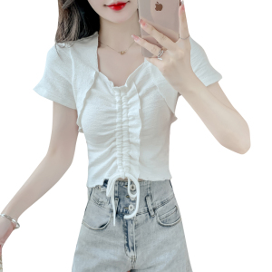 RM3217#设计感褶皱不规则短款针织衫女 春夏新款修身短袖方领上衣潮
