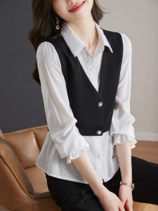 RM2949#春夏新款时尚钉扣开衫衬衣气质拼色假两件长袖上衣雪纺衫