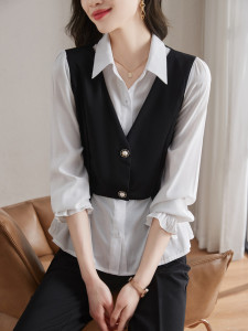 RM2949#春夏新款时尚钉扣开衫衬衣气质拼色假两件长袖上衣雪纺衫