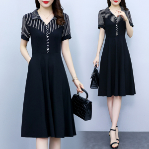 RM19315#大码女装2023夏季新款时尚洋气修身显瘦条纹拼接中长款短袖连衣裙