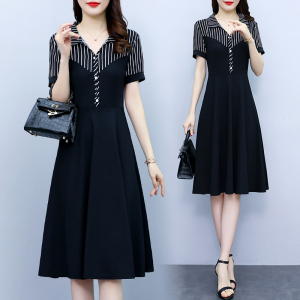 RM19315#大码女装2023夏季新款时尚洋气修身显瘦条纹拼接中长款短袖连衣裙