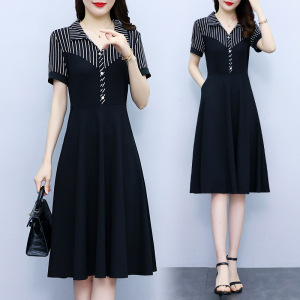 RM19315#大码女装2023夏季新款时尚洋气修身显瘦条纹拼接中长款短袖连衣裙