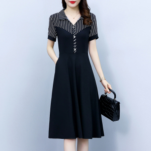 RM19315#大码女装2023夏季新款时尚洋气修身显瘦条纹拼接中长款短袖连衣裙