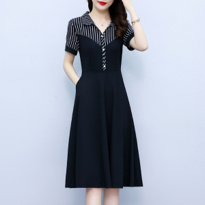 RM19315#大码女装2023夏季新款时尚洋气修身显瘦条纹拼接中长款短袖连衣裙
