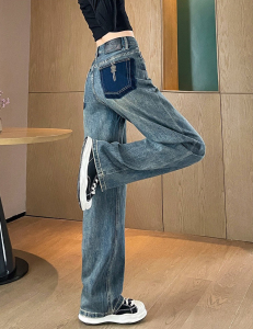 RM23558#复古阔腿牛仔裤女春秋2023年新款高腰设计感撞色直筒拖地裤子
