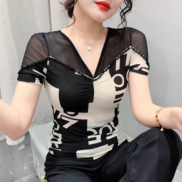 RM4796#春夏新款时尚钉珠V领T恤性感网纱上衣修身显瘦打底衫女潮