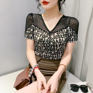 RM4796#春夏新款时尚钉珠V领T恤性感网纱上衣修身显瘦打底衫女潮