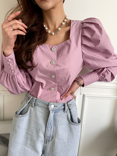 RM2654#韩国东大门新款春装优雅气质方领灯笼袖衬衫 chic衬衣