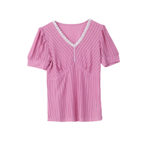 TR30609# 粉色网纱短袖上衣春夏新款V领修身短款女装时尚显瘦小衫