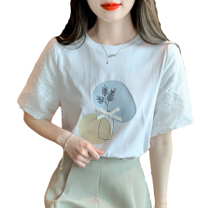 RM13927#夏季新款T恤堆堆袖套头小清新甜美植物花卉标准雪纺圆领