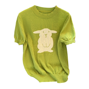 TR14567# 绿色兔子针织短袖女春装新款复古短款小个子套头毛衣 服装批发女装服饰货源