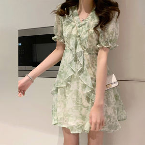 RM8157#茶歇法式碎花连衣裙子女2023春装茶里茶气小个子显瘦高级感雪纺裙