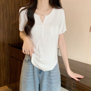 RM3158#白色短袖t恤女夏季v领修身显瘦弧形下摆纯欲短款辣妹上衣