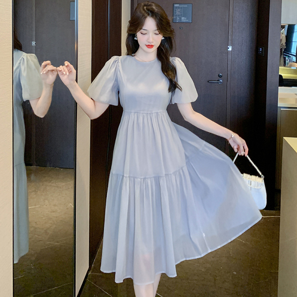 RM4357#夏季新款短袖甜美淑女泡泡袖复古纯色超修身连衣裙