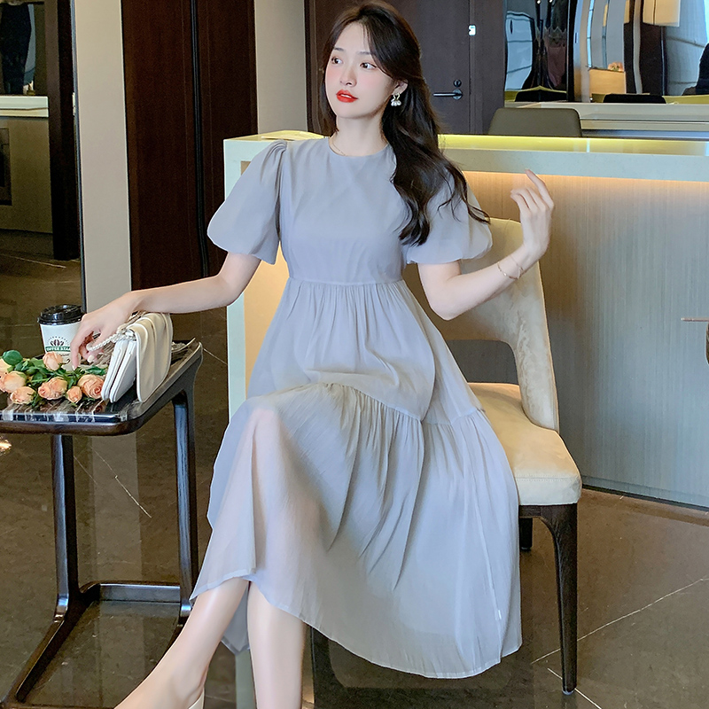 實拍2023夏季新款短袖甜美淑女泡泡袖復古純色超修身連衣裙
