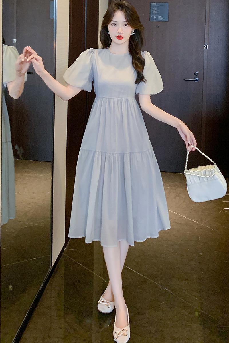 實拍2023夏季新款短袖甜美淑女泡泡袖復古純色超修身連衣裙