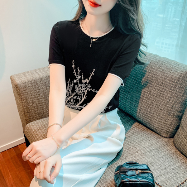 RM3609#春夏刺绣圆领T恤针织衫短袖毛衣