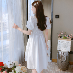 RM4330#夏季新款雪纺淑女简约短袖方领纯色甜美荷叶边裙连衣裙