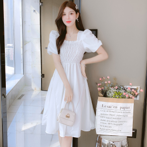 RM4330#夏季新款雪纺淑女简约短袖方领纯色甜美荷叶边裙连衣裙