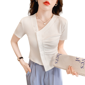 RM4728#短款上衣女2023法式修身不规则皱褶设计感短袖t恤