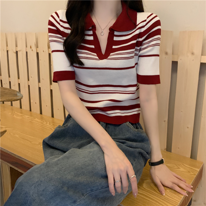 Black and white striped polo collar front shoulder short-sleeved t-shirt women's summer design sense niche short lapel top T-shirt