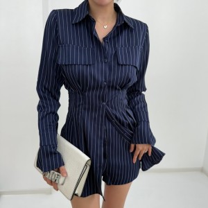TR14405# 韩版iNS时尚条纹衬衫+高腰休闲短裤两件套 服装批发女装服饰货源