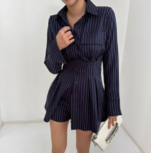 TR14405# 韩版iNS时尚条纹衬衫+高腰休闲短裤两件套 服装批发女装服饰货源