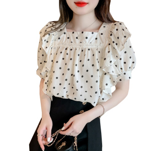 RM11247#法式气质方领圆点短袖衬衫女2023夏新款韩风甜美设计感小众上衣