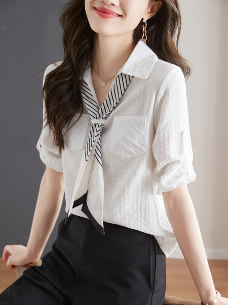 RM2951#春夏新款时尚条纹飘带上衣气质休闲中袖衬衫女