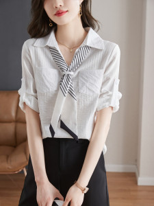 RM2951#春夏新款时尚条纹飘带上衣气质休闲中袖衬衫女
