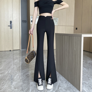 RM8900#喇叭裤子女春2023年新款高腰显瘦垂感黑色西装长裤开叉微喇裤