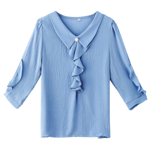 RM2952#春夏新款时尚V领荷叶边上衣气质宽松中袖雪纺衫女