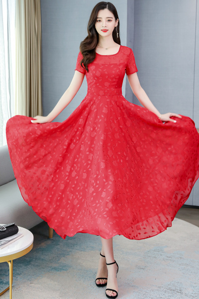 RY1811#沙滩裙红色蕾丝连衣裙收腰显瘦旅游度假长裙雪纺裙