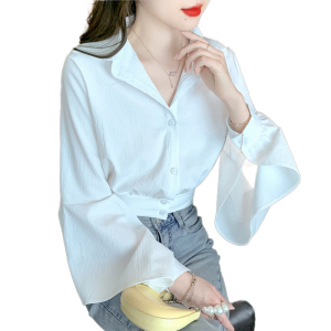 RY1517#韩版衬衫飞飞袖T恤长袖洋气上衣短款纯色上衣女