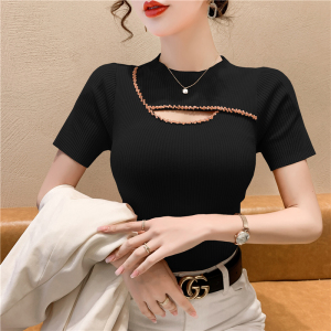 RM2937#夏装新款韩版时髦气质性感重工钉钻缕空针织衫女T恤潮