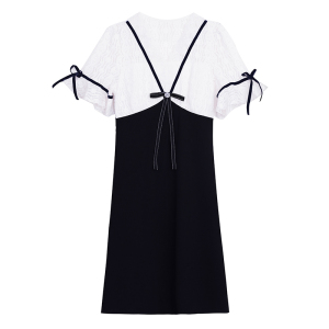 RM7602#大码女装2023夏季新款法式蕾丝拼接V领修身显瘦撞色连衣裙女