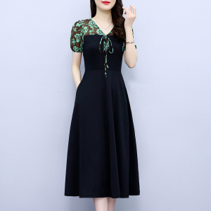 RM3978#大码女装胖MM修身显瘦中长款黑色短袖连衣裙夏季新款