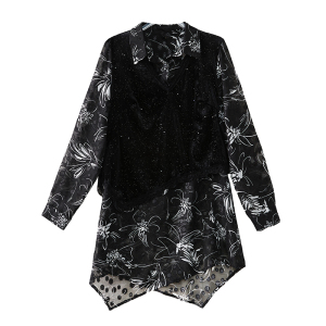 RM3129#衬衫女 新款金丝绒马甲拼接假两件洋气显瘦不规则长袖上衣