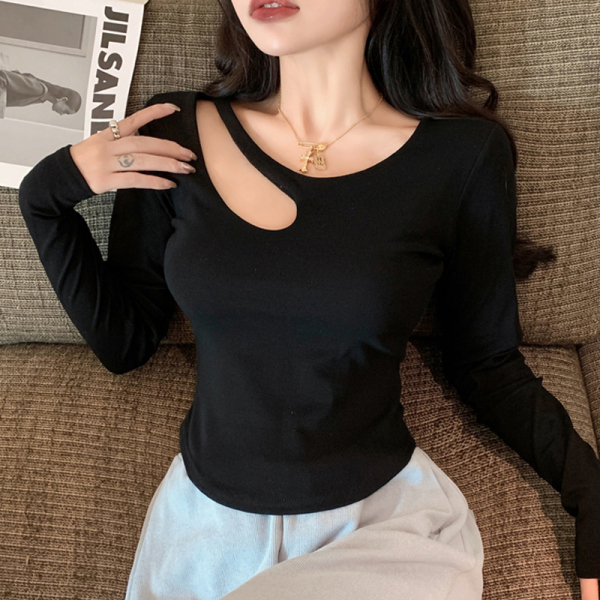 RM3014#新款设计感镂空性感长袖T恤女修身打底衫短款上衣纯棉